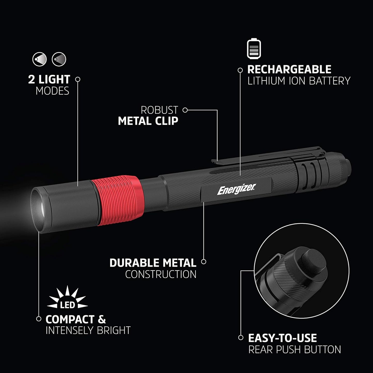 ENERGIZER X400 Rechargeable Pen Light, Water Resistant Mini Flashlight, Bright 400 Lumens LED Work Light for Mechanic Tools (USB Cable Included)